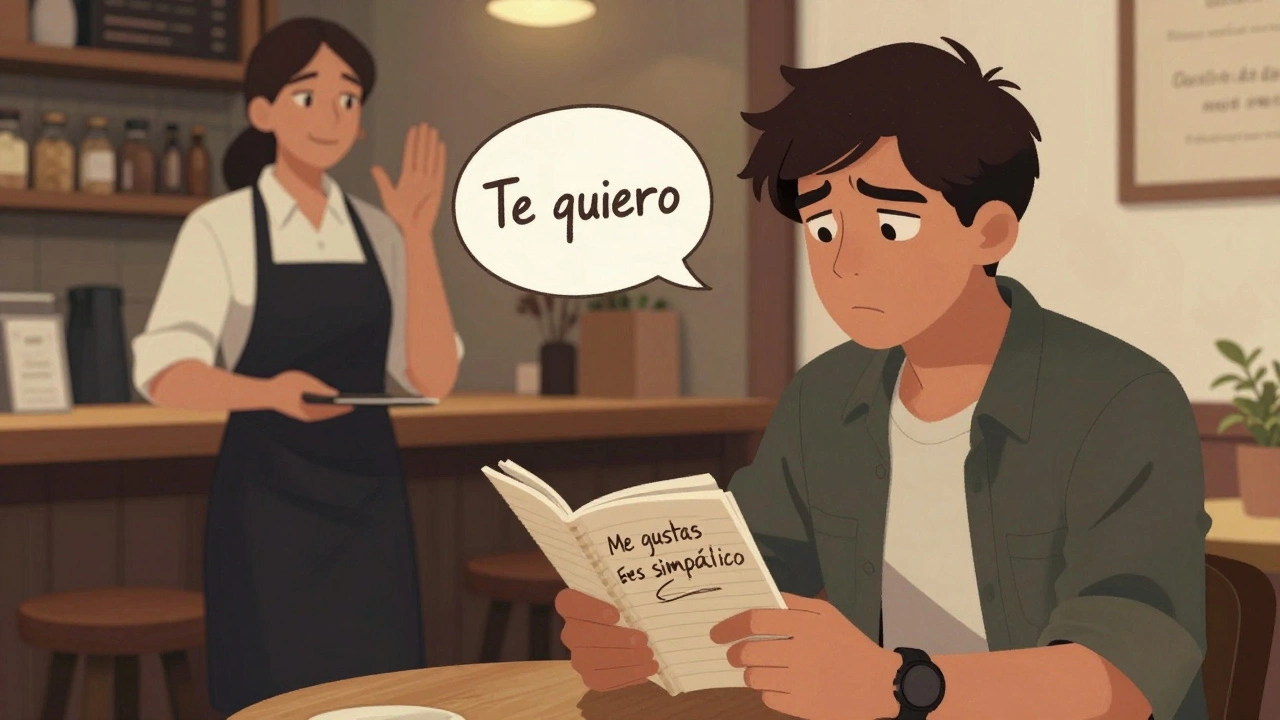 Student v kavárně se snaží říct &#039;Te quiero&#039; baristovi, který se na něj podívá s lehkým úsměvem.