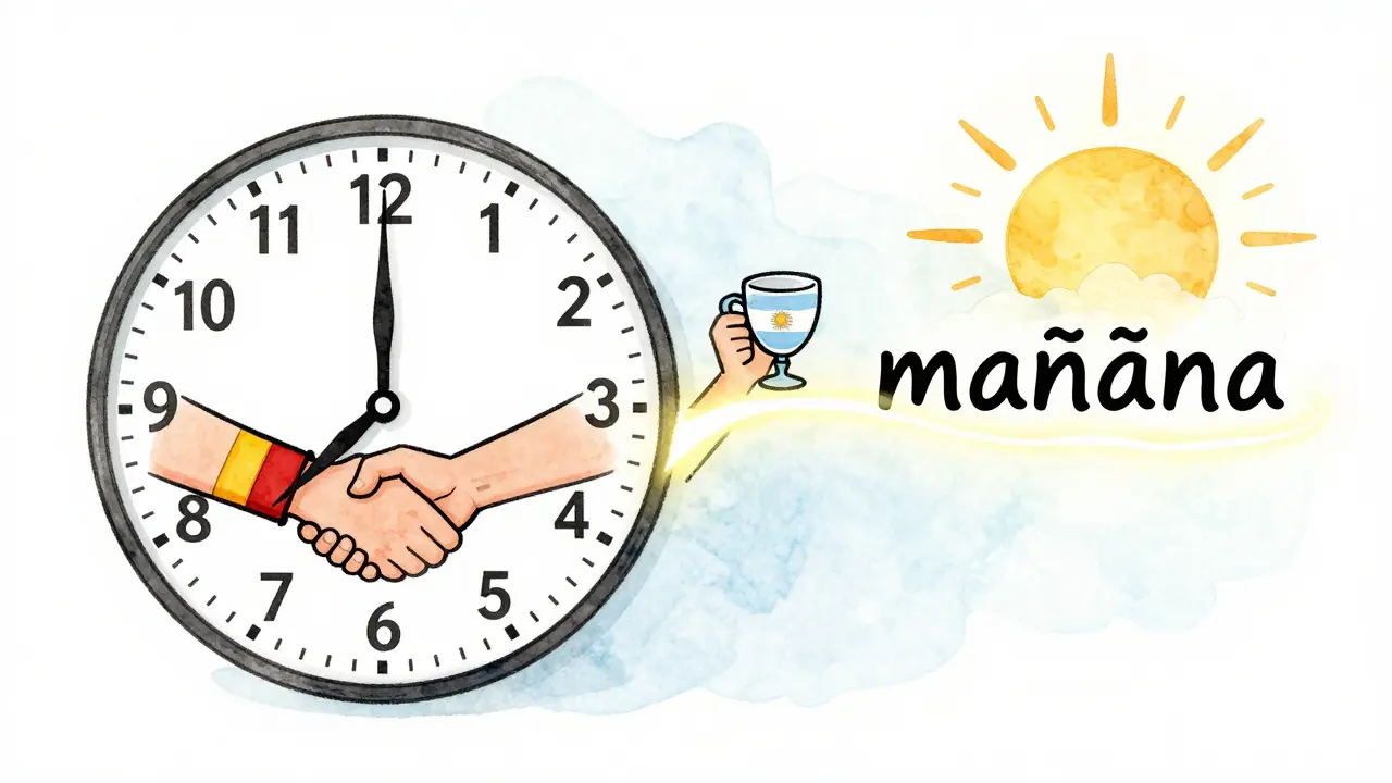 Symbolická hodiny s kulturními gesty místo čísel, vedoucí k vycházejícímu slunci.