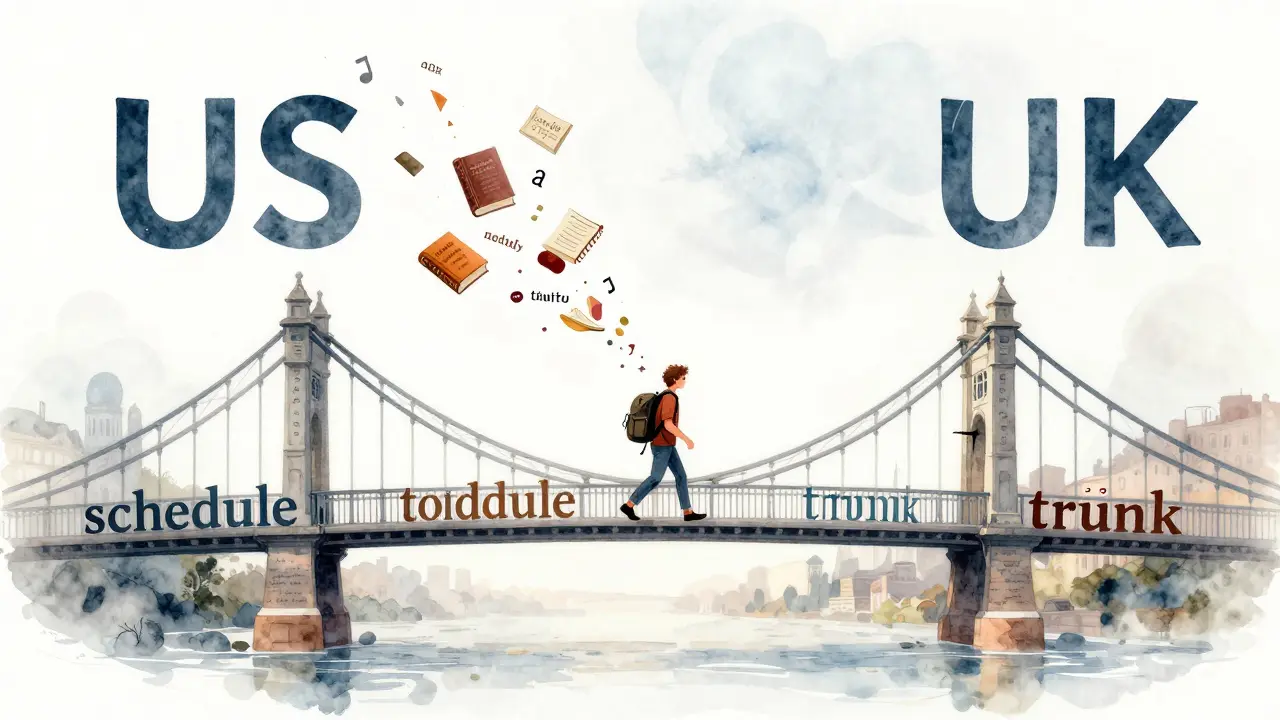 Symbolický most z anglických slov spojující americkou a britskou verzi, cestující na něm.