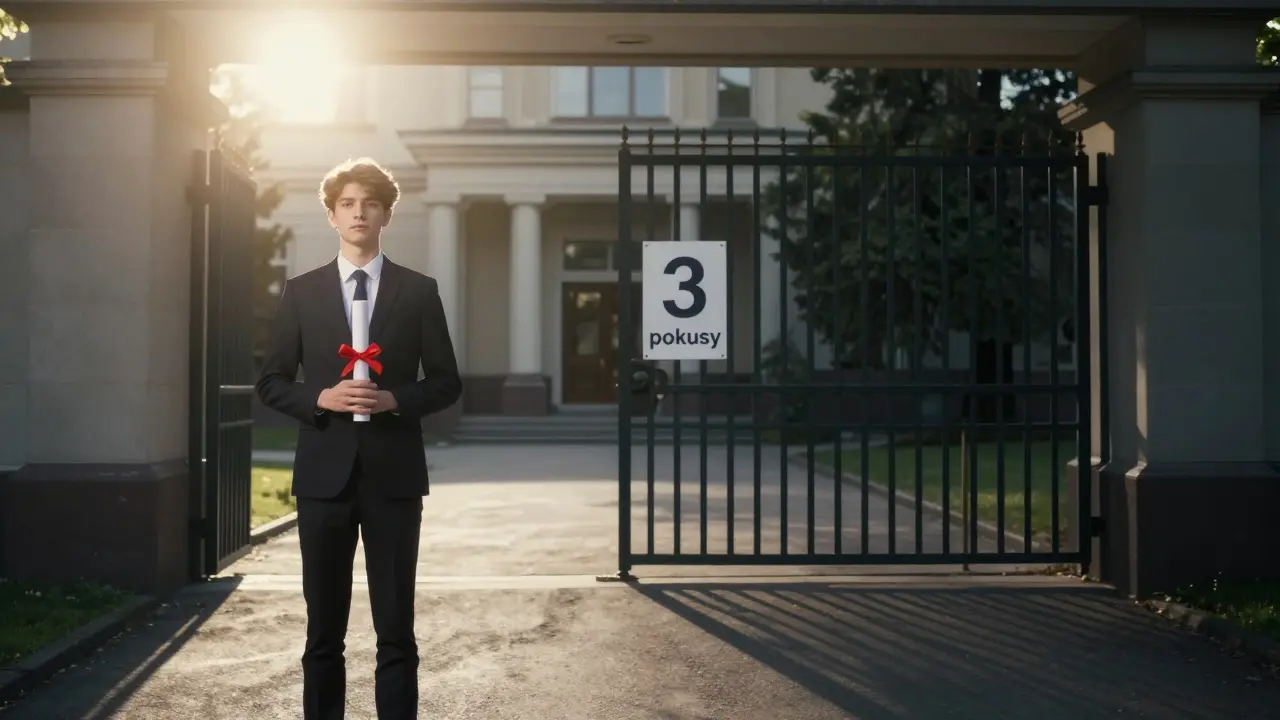 Symbolický obraz úspěchu a selhání při státnicích s omezenými pokusy.