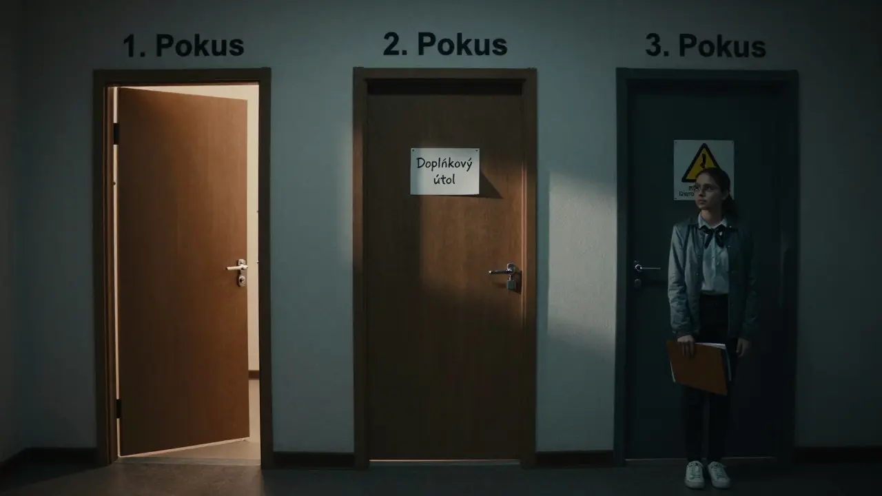 Tři dveře s označením pokusů, symbolizující postupné šance na složení státnic.