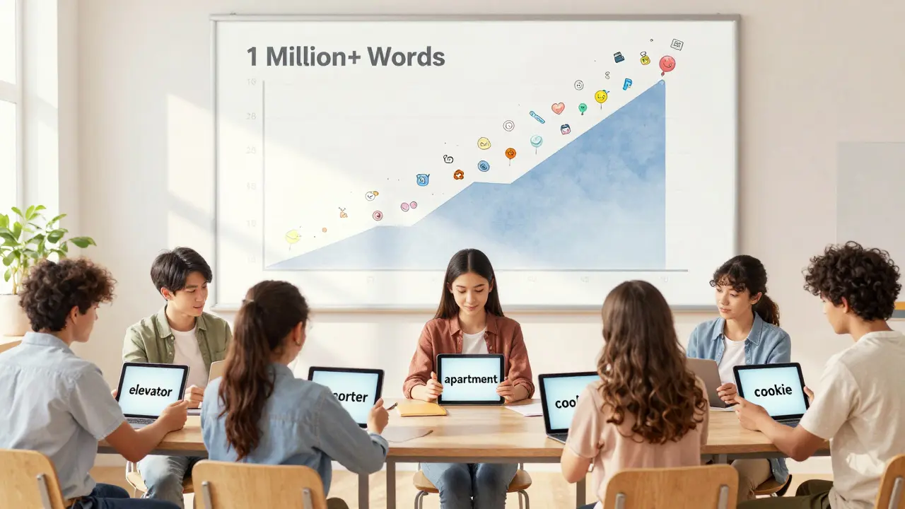 Učení se angličtiny v třídě s tabulkami zobrazujícími různá slova a růst slovní zásoby.