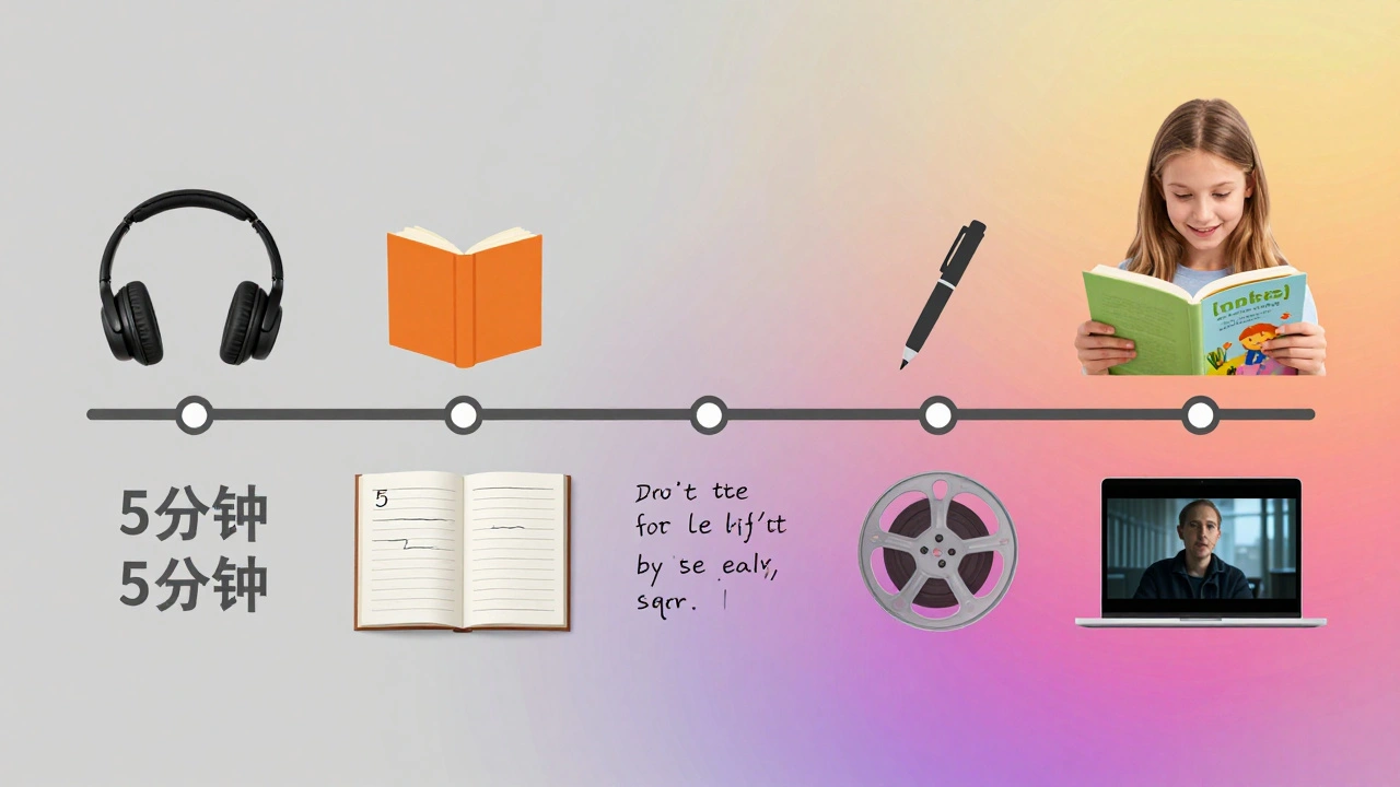 Vizualizace postupného pokroku v učení angličtiny během šesti měsíců.