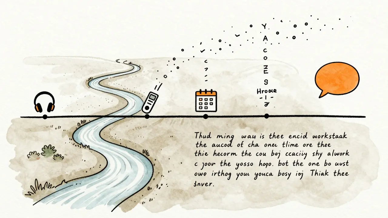 Vlnovitá časová osa znázorňující postupný pokrok v mluvené angličtině.