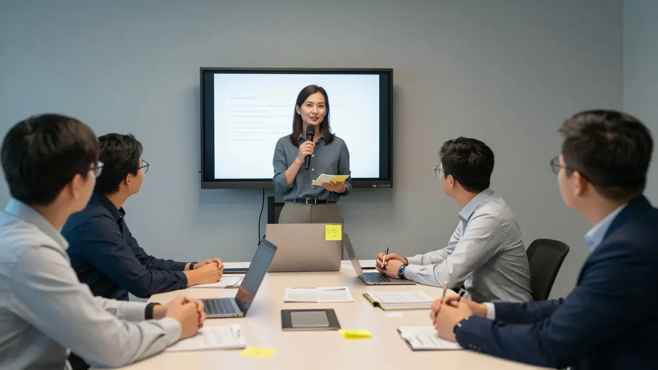 Zaměstnanci na pracovním školení prezentací