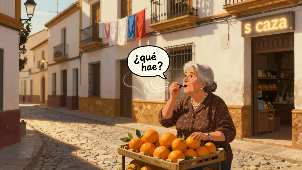 Žena v Seville prodává pomeranče a mluví s vynecháním koncového -s ve slovech.