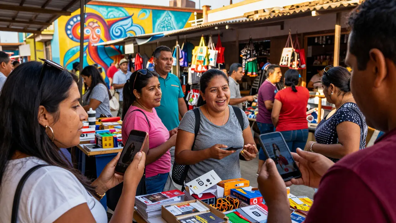 Živý trh v Latinské Americe s lidmi mluvícími španělsky a obrazovkami s obsahem v španělštině.