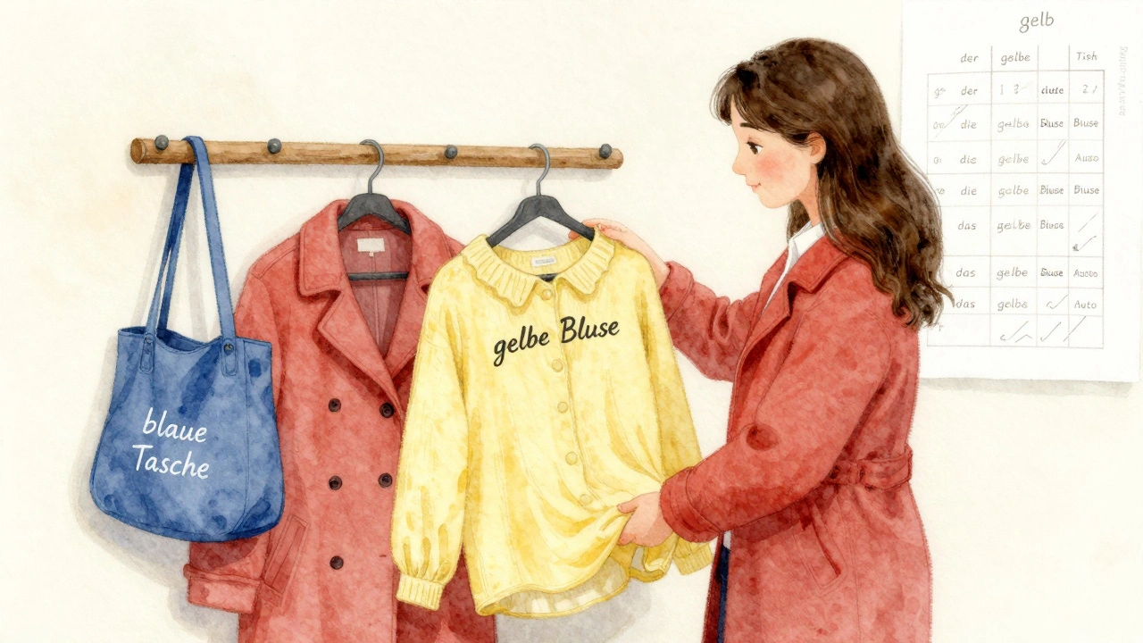 Žlutá blůza, červený plášť a modrá taška visí na dřevěném věšáku.