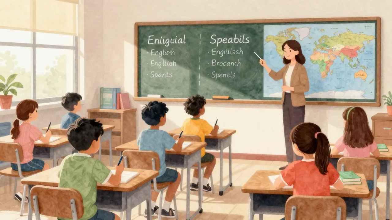 Děti v dvojjazyčné třídě píší anglicky a španělsky na tabuli.