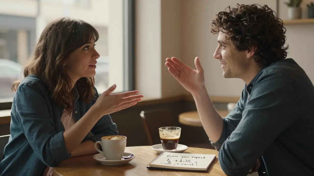 Dva lidé si povídají v kavárně, jeden mluví anglicky, druhý pozorně naslouchá.