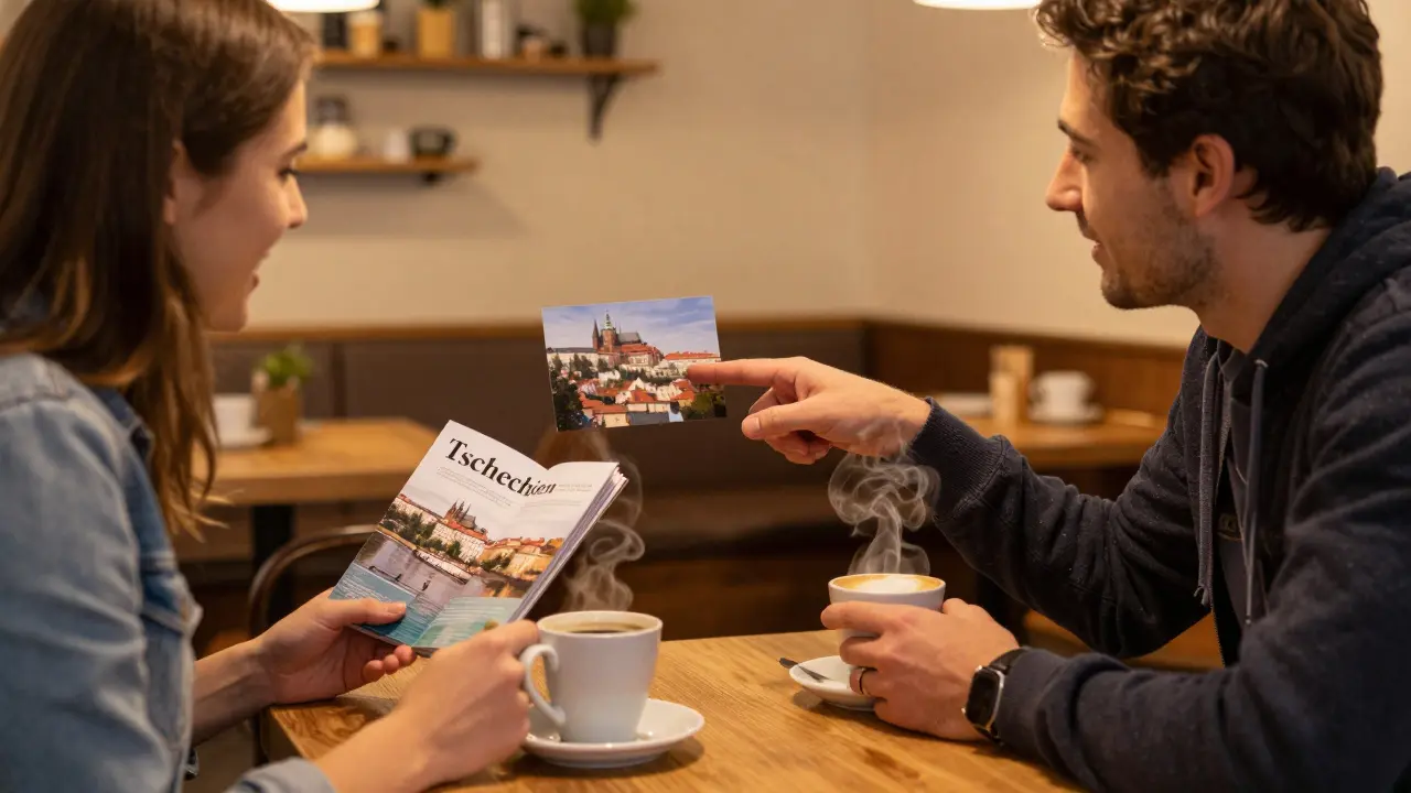 Dva přátelé si povídají v kavárně s cestovním průvodcem označeným Tschechien