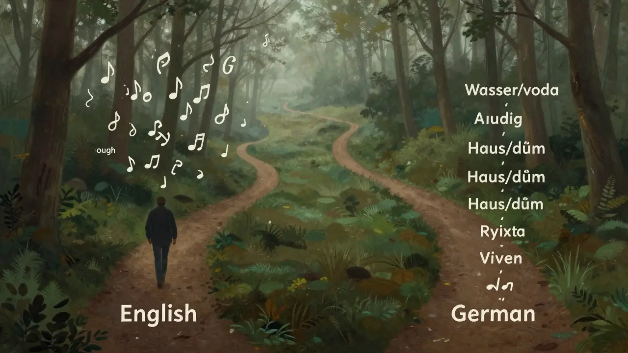 Dvě cesty lesem: jedna pro angličtinu s nepravidelnými zvuky, druhá pro němčinu s českými slovy.