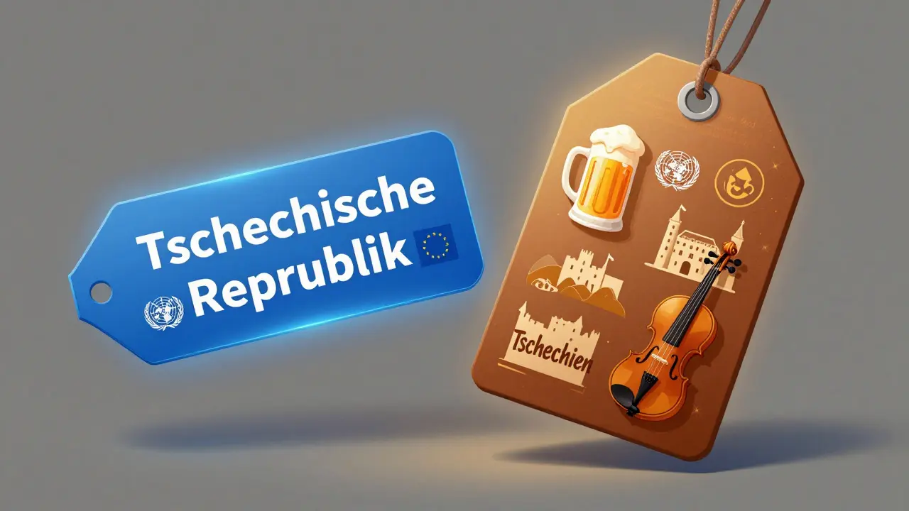 Dvě etikety v prostoru: 'Tschechische Republik' a 'Tschechien' s kulturními symboly.