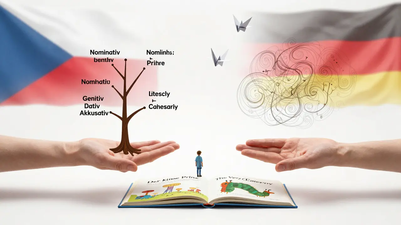 Dvě ruce se blíží k sobě, jedna s německou gramatikou, druhá s anglickými zvuky, mezi nimi dětské knihy.