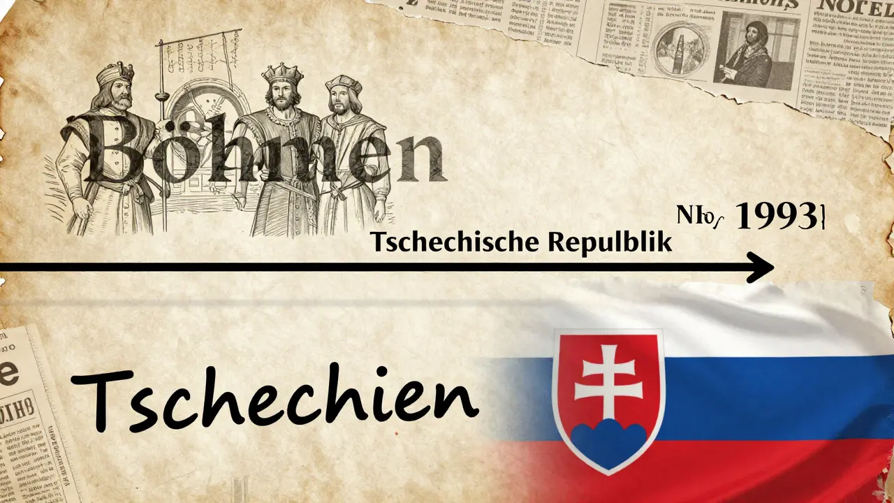 Historická koláž s vývojem názvů Česka od Böhmen přes Tschechische Republik k Tschechien