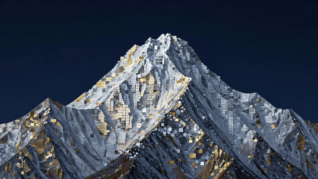 Horský vrchol složený z tisíců malých ikon lekcí ve tvaru platinového světla.