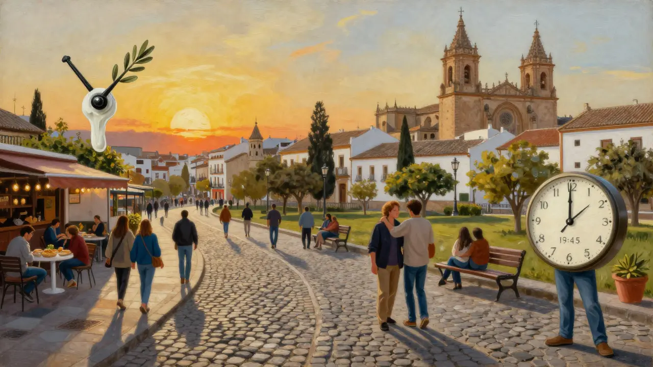 Konceptuální obraz flexibilního času v Španělsku: hodiny se mění v větve, lidé se potkávají na ulici, slunce zapadá za kostelem.