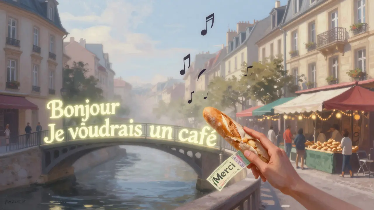 Kouzelný most z francouzských frází spojuje Prahu s Paříží v dreamlike scéně.