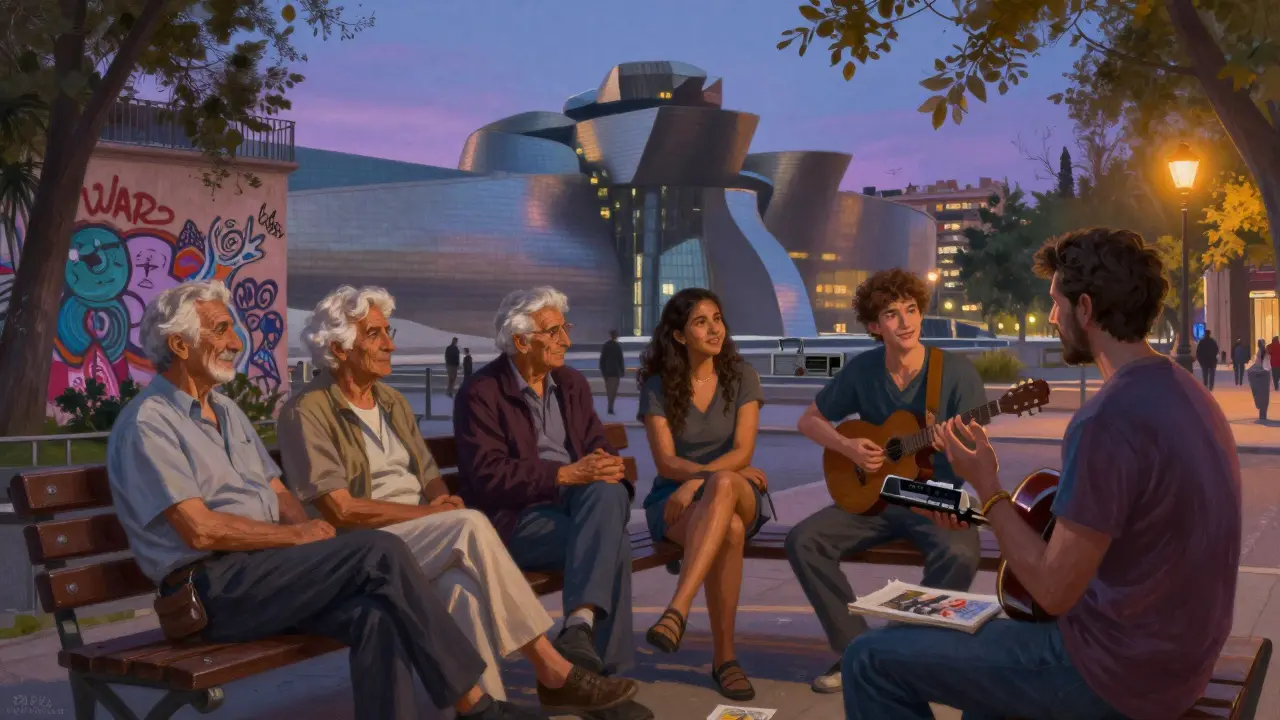 Lidé různých původů sedí na lavičce v Madridu, přátelště se komunikují, za nimi je graffiti a flamenco hudba.