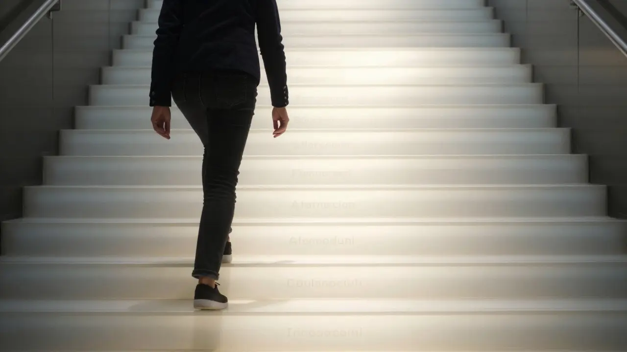 Lidé stoupající po schodech z anglických slov, dosáhli 30. schodu.