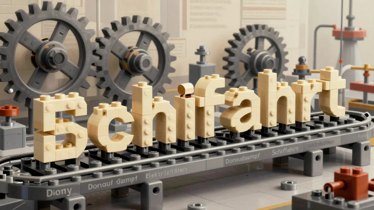 Mechanická sestava německých částí slov jako velkých kousků Lego v průmyslovém prostředí.
