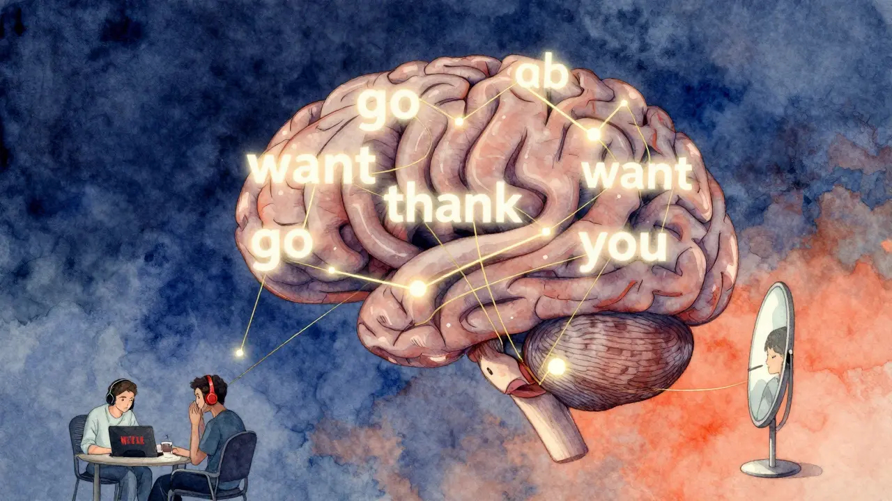 Mozek s 10 svítícími anglickými slovy spojenými s každodenními aktivitami.