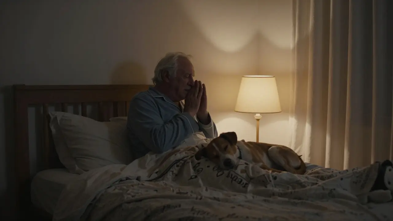 Muž šeptá dobrou noc svému psu v posteli v noci.