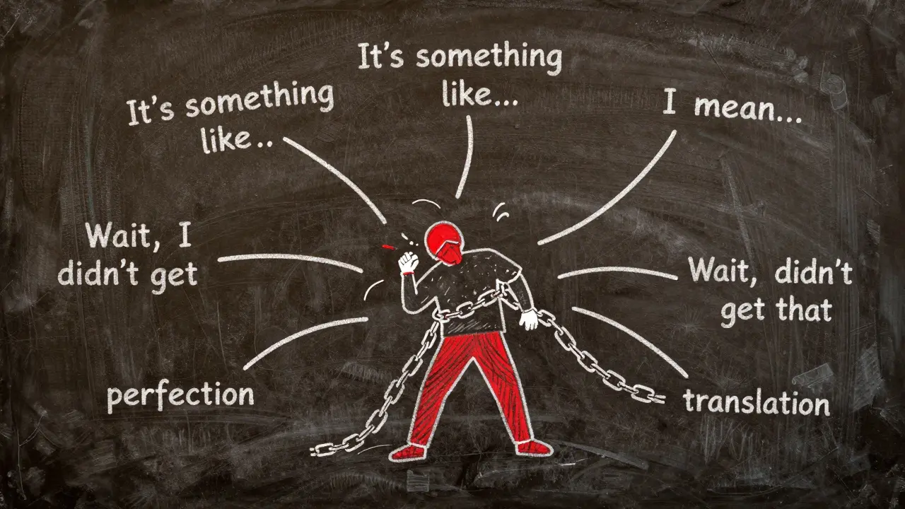 Náčrt na tabuli ukazuje, jak se lidé učí mluvit bez dokonalosti, překonávají překládání.