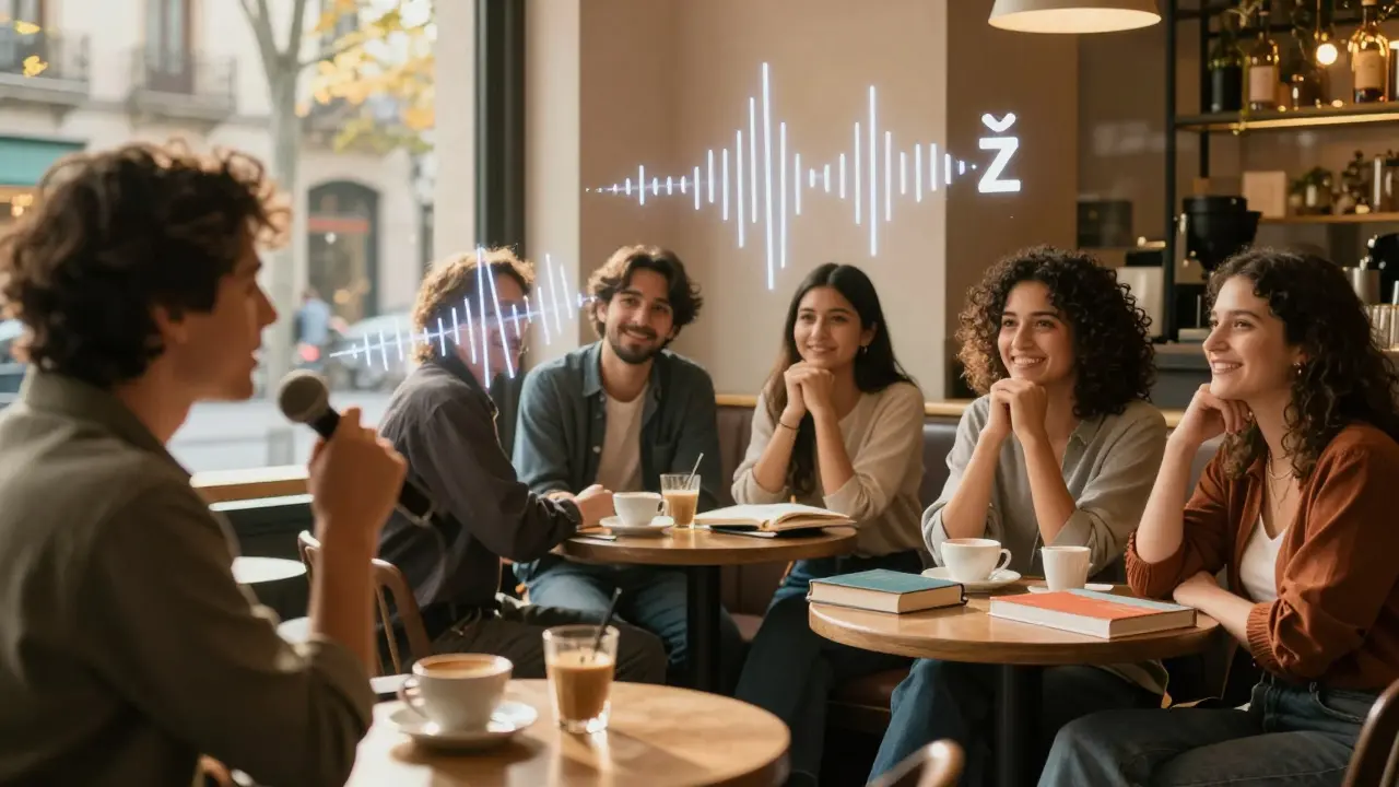 Osoba mluví v baru v Barceloně, zvuk 'll' se mění v 'ž'.