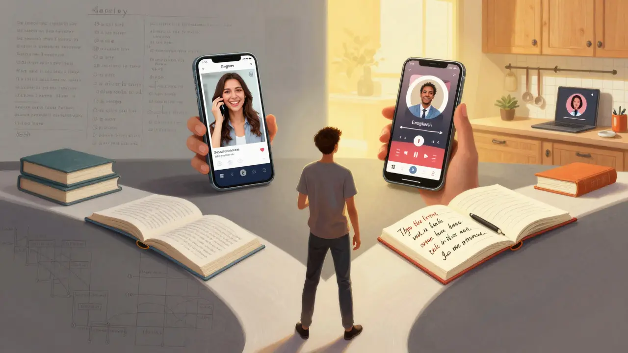 Osoba na křižovatce, kde jedna cesta vede ke knihám, druhá k reálnému používání angličtiny v každodenním životě.