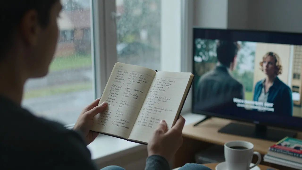 Osoba pozoruje dažď cez okno s poznámkami o nemeckom jazyku v rukách.