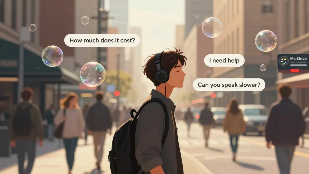 Osoba s sluchátky, kterou obklopují anglické fráze, které plavou ve vzduchu při procházce městem.