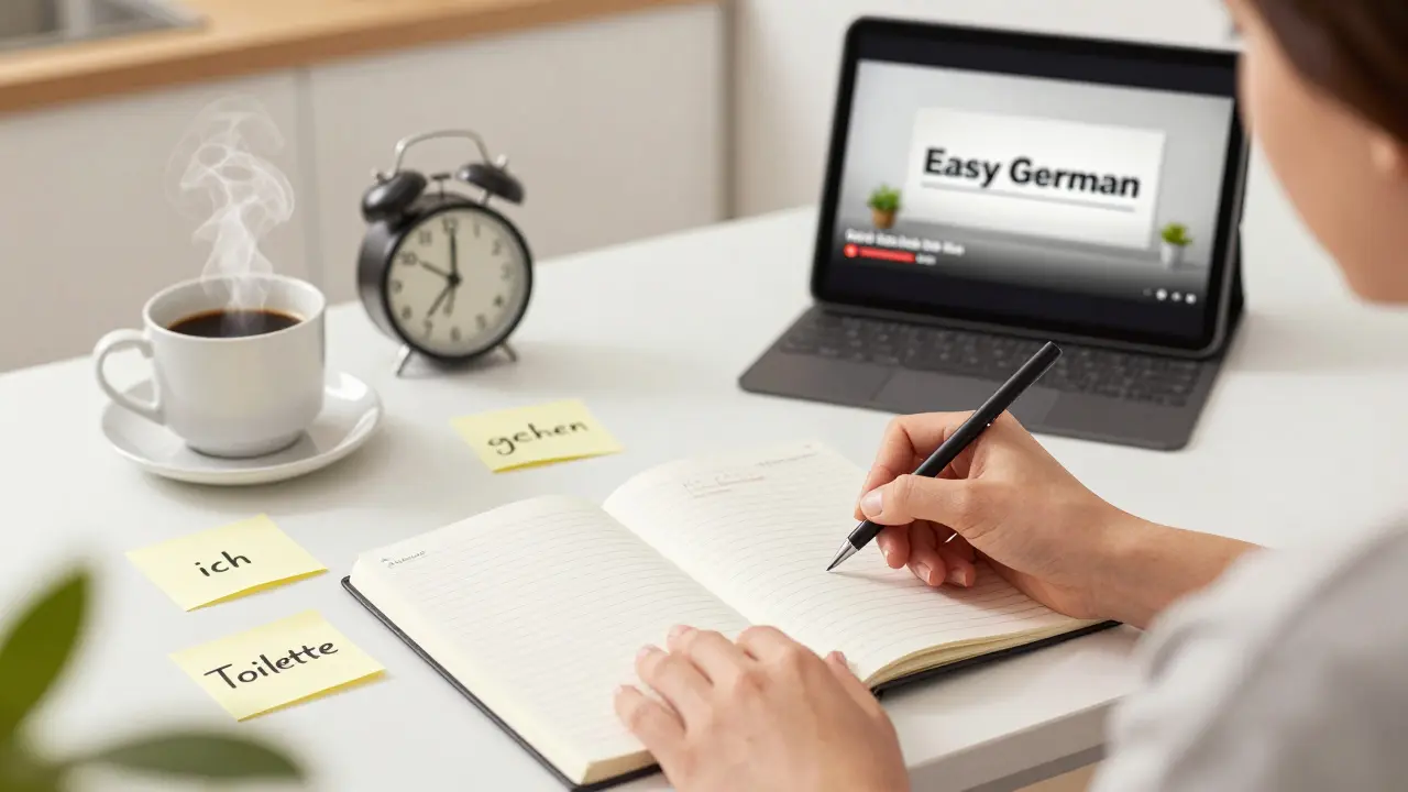 Osoba se učí němčinu v kuchyni s nálepky klíčových slov a kávou na stole.