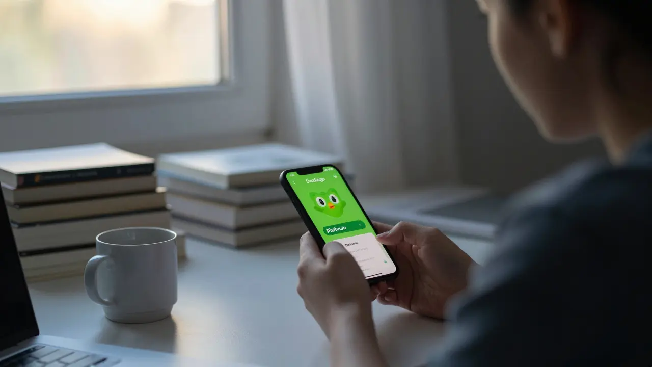 Osoba sleduje streak v Duolingu ráno u stolu s knihami a kávou.