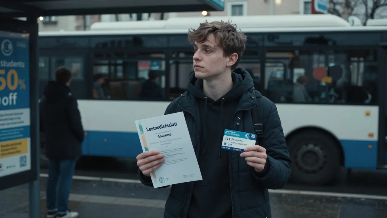 Person at bus stop holding language certificate while bus with student discount passes by.