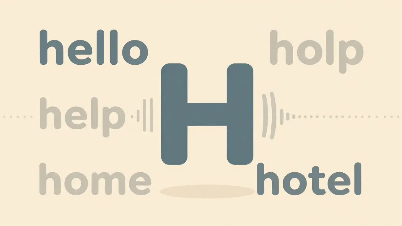 Písmeno H s častými slovy, která ho obsahují, a výjimky jako 'otel' a 'our'.