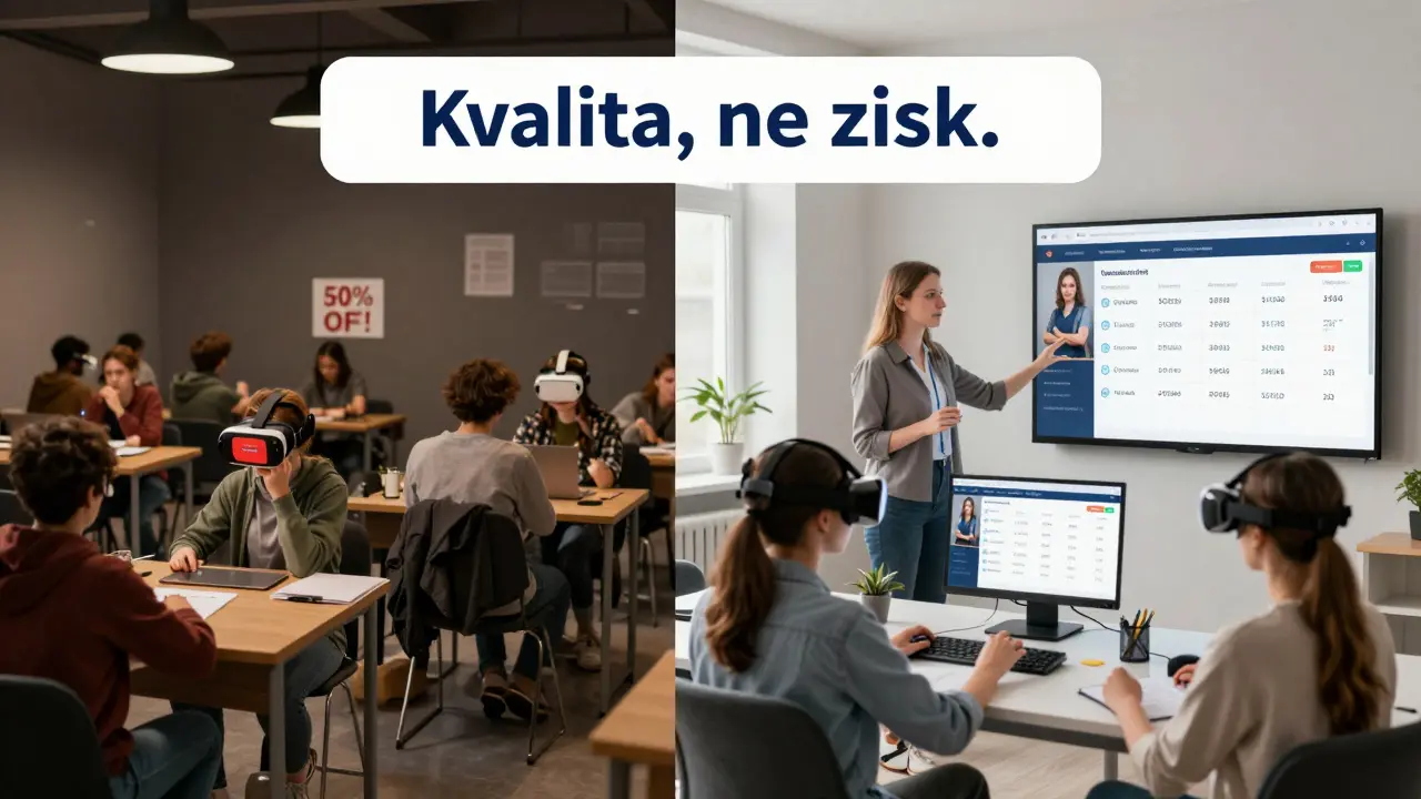 Porovnání soukromé a krajské jazykové školy: chaos versus strukturovaná, technologicky podporovaná výuka.