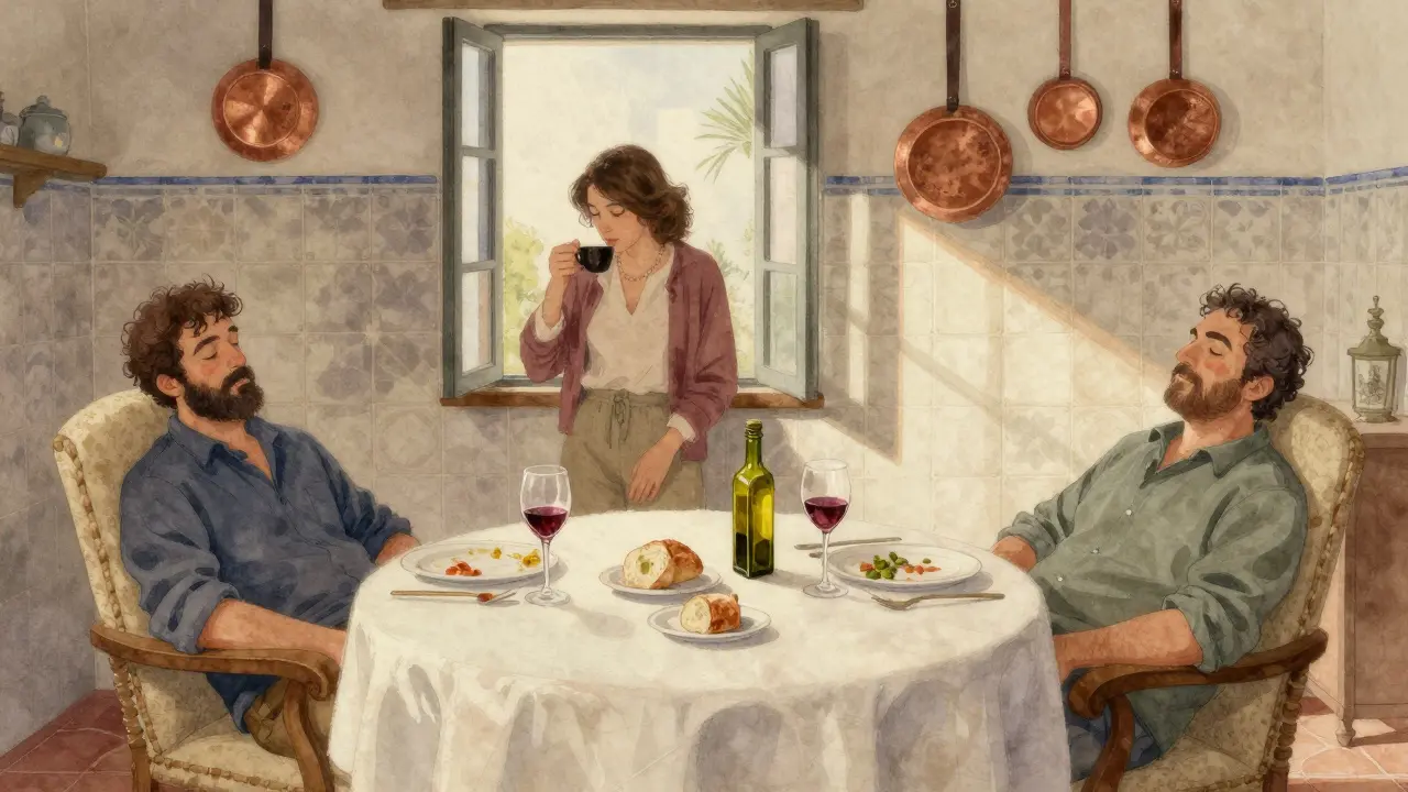 Rodina po obědě ve Španělsku, otec spí, matka pije kávu.