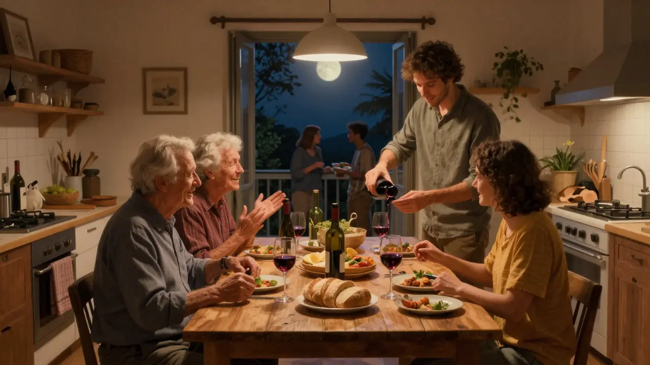Rodina večeří doma ve Španělsku, kolem dlouhého stolu s vínom a jídlem, teplá atmosféra večerního společenství.