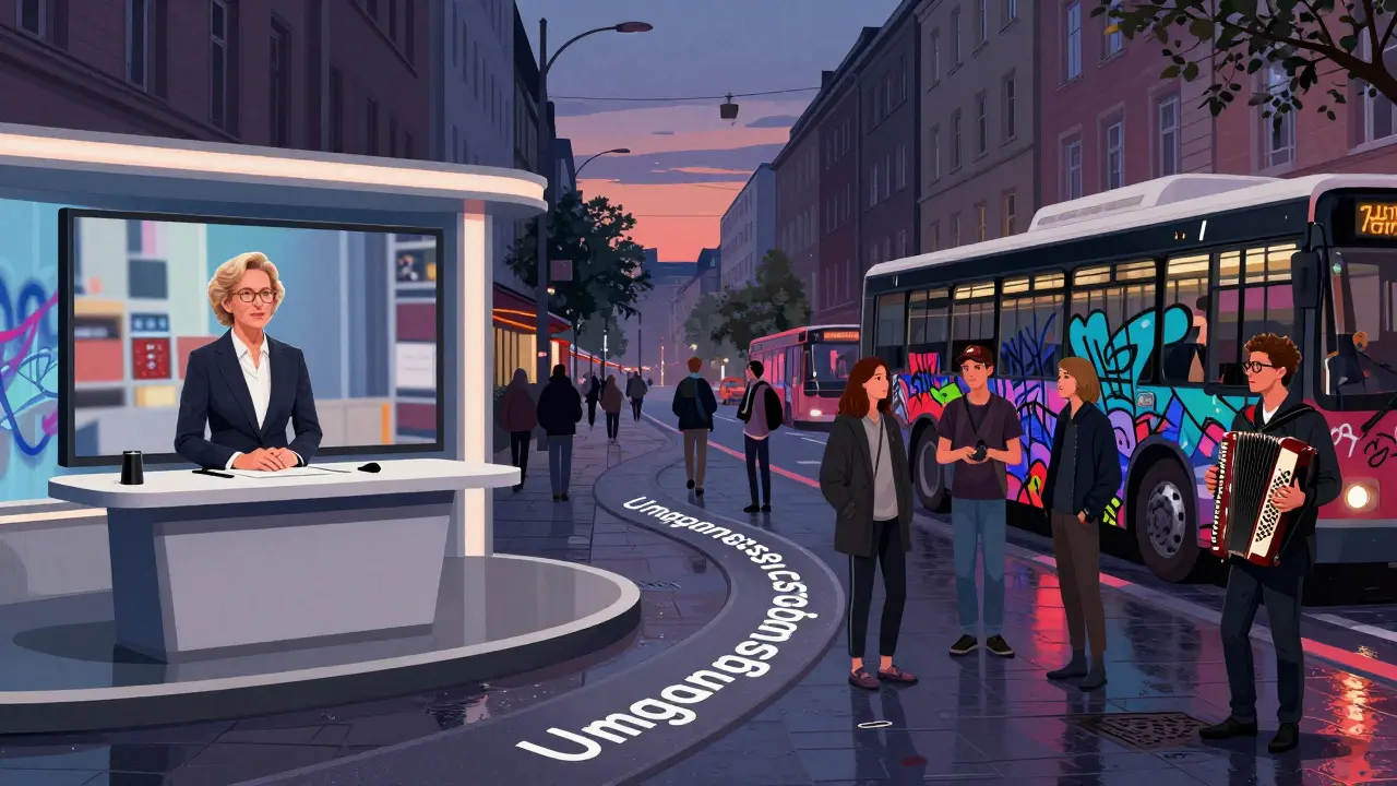 Rozdělený scénář: formální televizní studio a živá berlínská ulice spojené hovorovou němčinou.