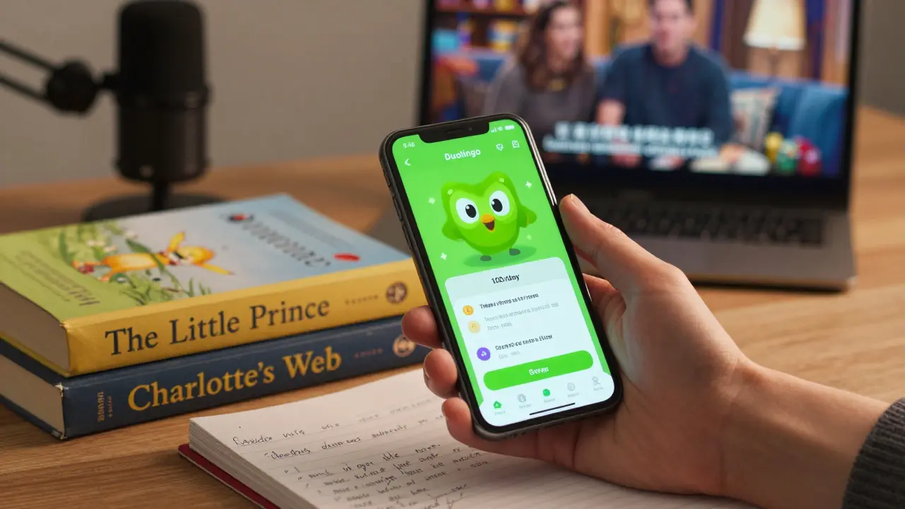 Ruka drží smartphone s 100denním řetězcem Duolingo, vedle knihy a obrazovkou s anglickým seriálem – pokrok od aplikace k reálnému jazyku.