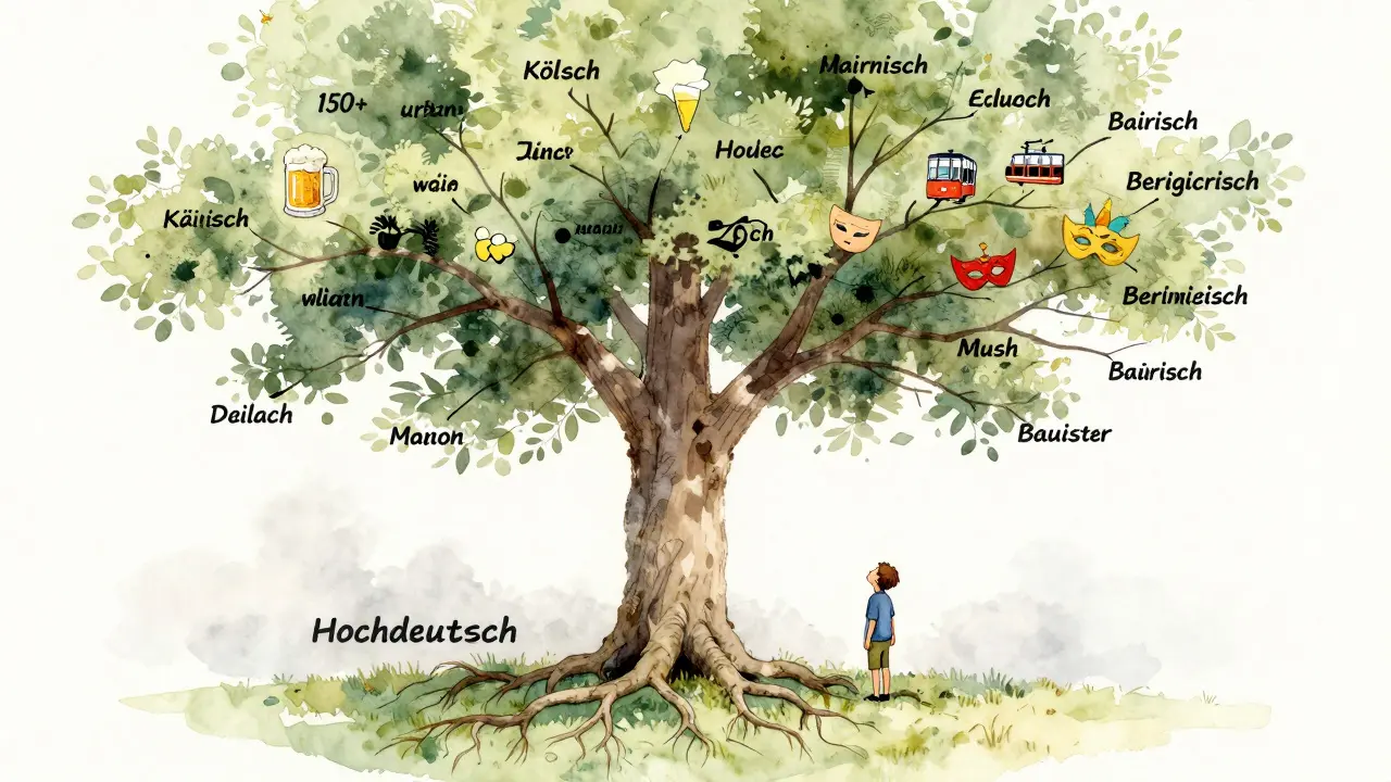 Strom s kořeny standardní němčiny a větvemi různých dialektů, učenec se dívá nahoru.