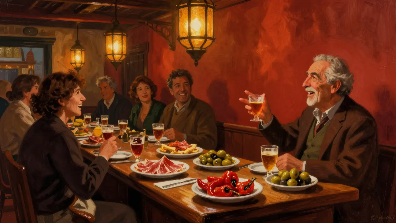 Tapa bar v Seville s plnými talíři, lidé se smějí a pijí vermut v teplém světle.
