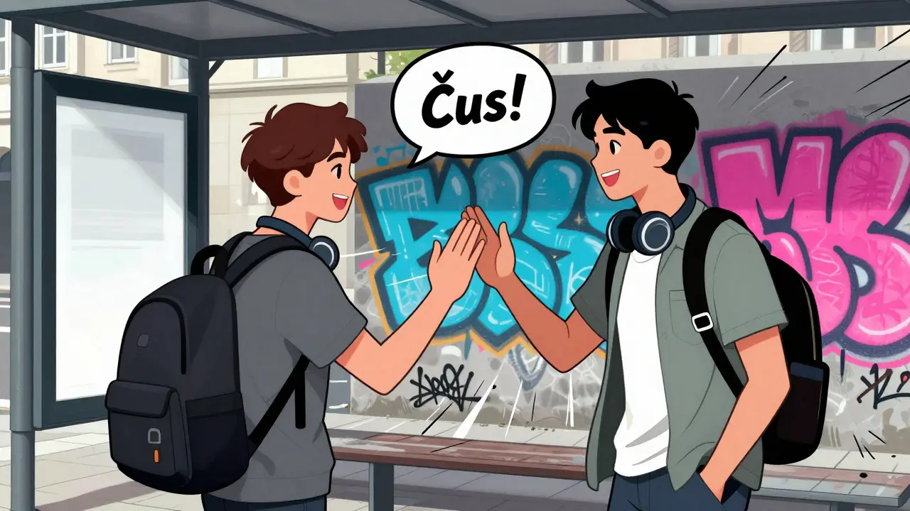 Teenager v Mnichově pozdraví kamaráda na zastávce autobusu slovem 'Čus!'