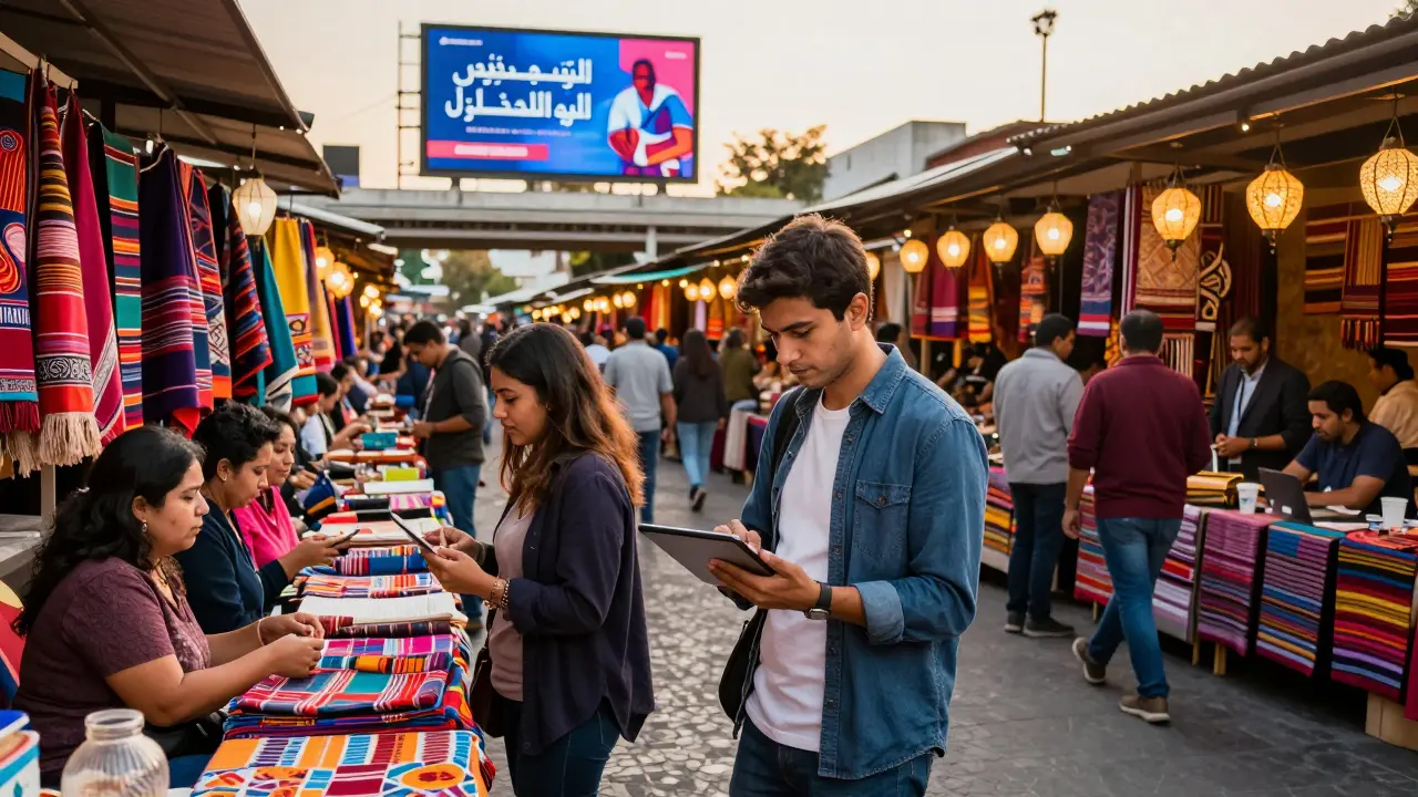 Tržiště v Mexiku, kde lidé mluví španělsky, zatímco na pozadí jsou vidět reklamy v arabštině a hindštině.
