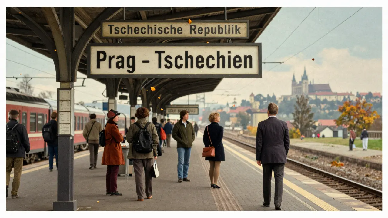 Vintážní postkarta s nápisem 'Prag - Tschechien' na německé nádraží, cestující čekají na vlak.