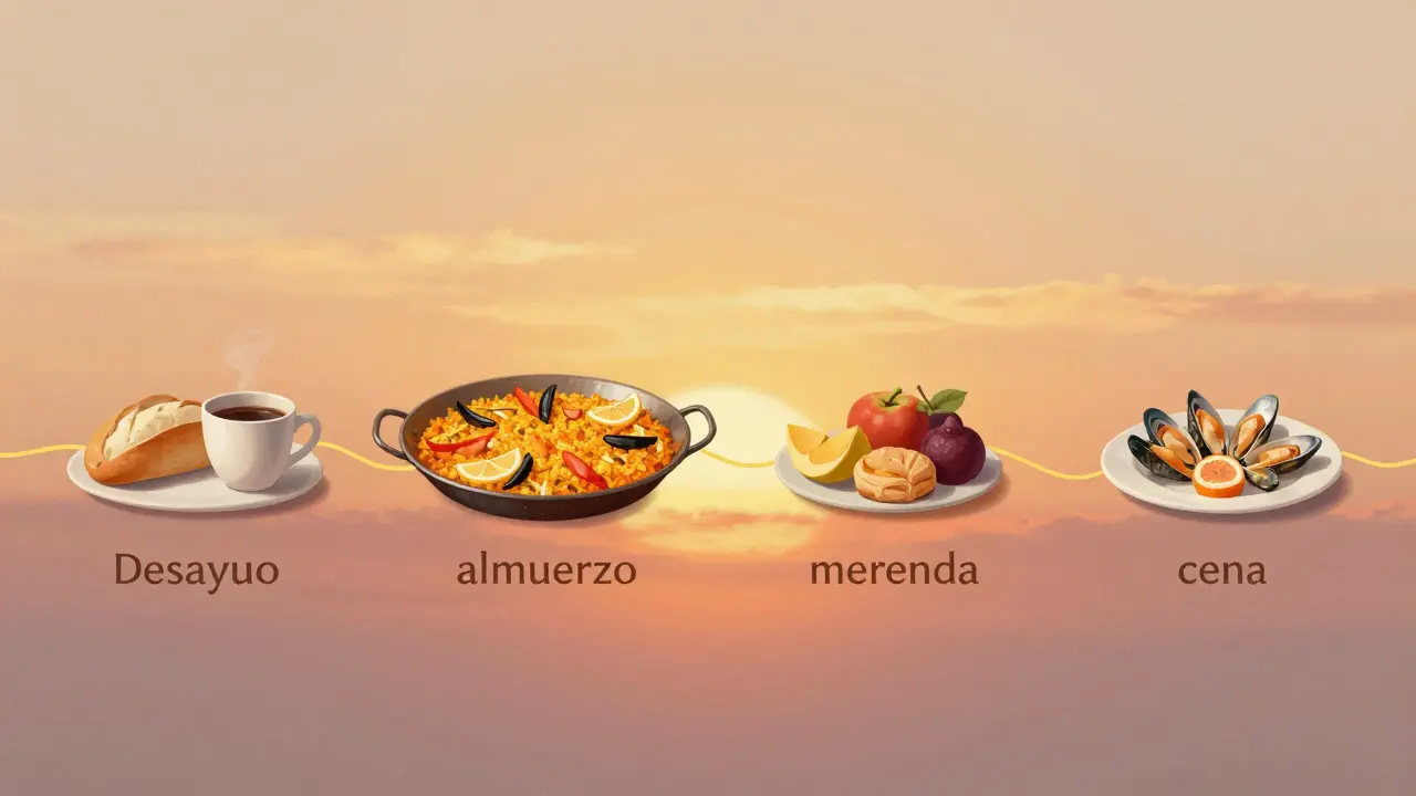 Vizuální časová osa španělských jídel od snídaně po večeři.