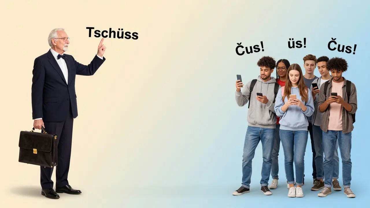 Vizuální přeměna slova 'Tschüss' na moderní 'Čus' mezi generacemi