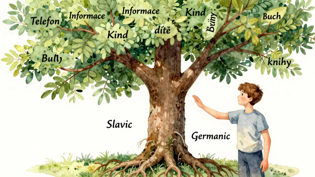 Vodová malba stromu s kořeny spojujícími slovanské a germánské jazyky, listy s česko-německými slovy.