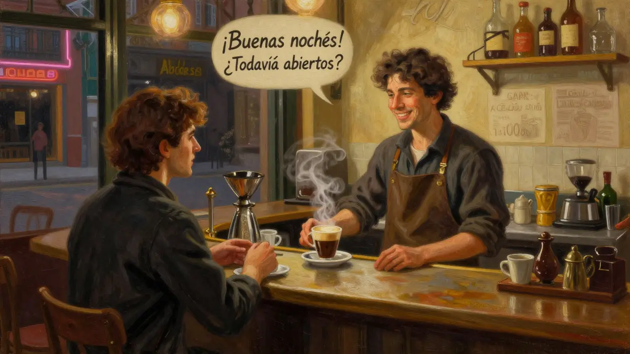 Zákazník v noční kavárně v Seville pozdravuje baristu.